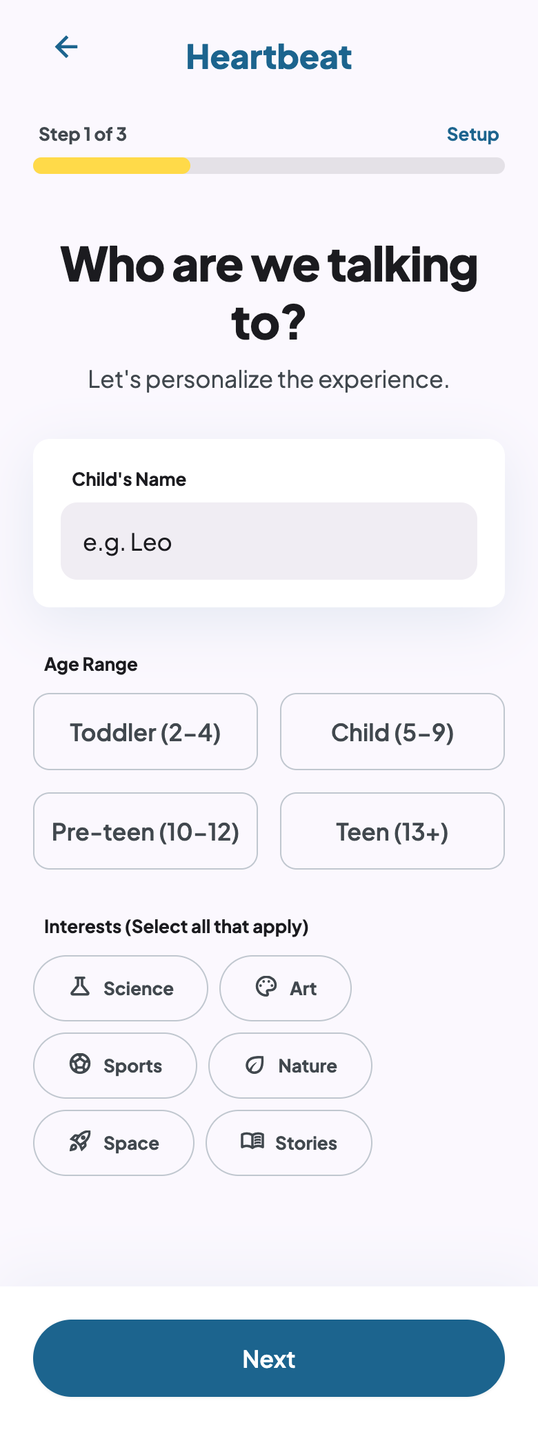 TinyTalks child profile setup screen